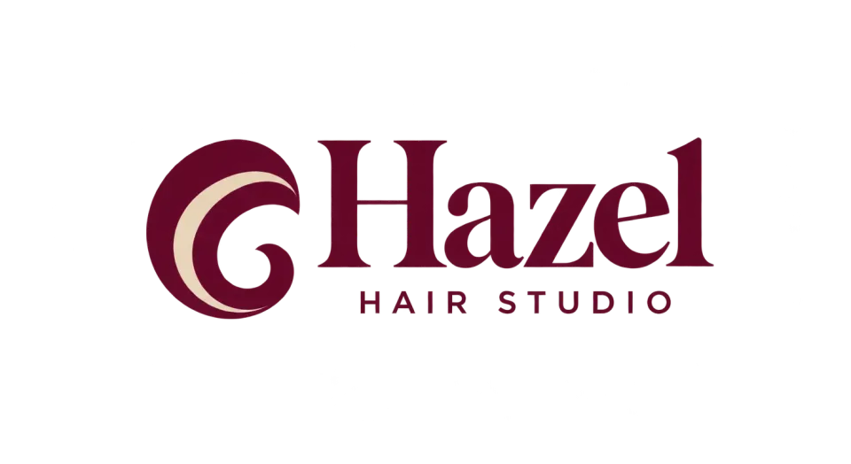 Hazel Hair Studio combination mark logo idea: A single open curl beside the full name gives the salon a recognizable hair reference without making the mark feel busy.