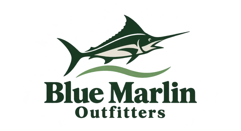 Blue Marlin Outfitters combination mark logo idea: A clear marlin above one wave makes the fishing connection immediate while giving the name a familiar, established feel.