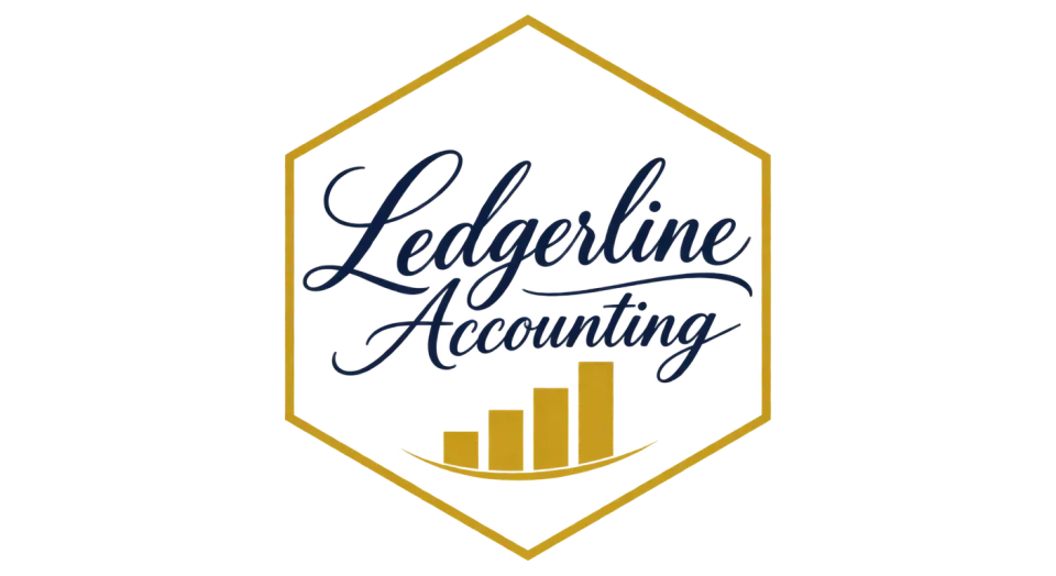 Ledgerline Accounting emblem logo idea: The compact chart beneath Ledgerline Accounting suggests steady progress without crowding the name inside the airy hexagon.