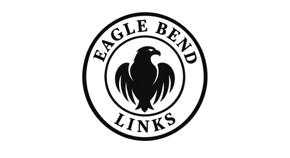 Eagle Bend Links emblem logo idea: A calm, simplified eagle makes the name memorable while keeping the badge dignified and uncluttered.
