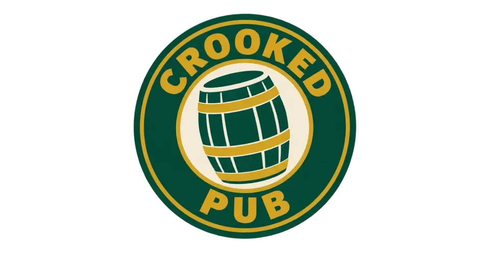 Crooked Pub emblem logo idea: A slight barrel tilt gives this tidy round badge a playful nod to the Crooked Pub name without adding clutter.