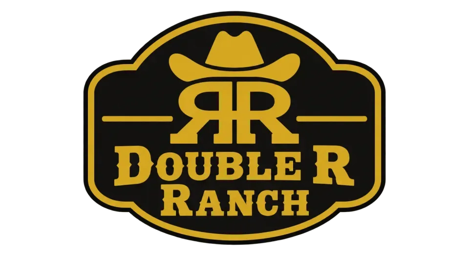 Double R Ranch emblem logo idea: The joined R symbol gives Double R Ranch a personal cattle-brand touch, while the sign-shaped badge keeps the full name easy to spot.