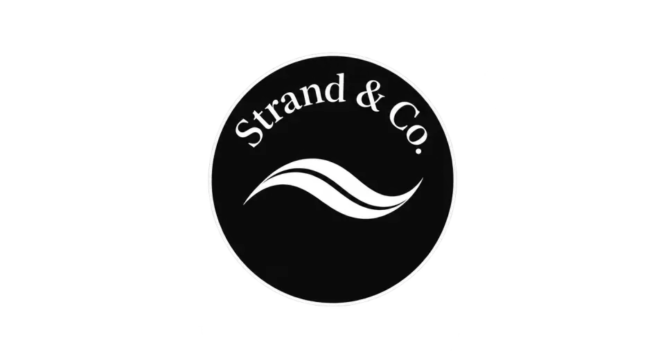 Strand & Co. emblem logo idea: A single hair wave inside a quiet circular seal makes the salon’s name feel graceful and easy to recognize.
