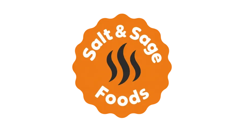 Salt & Sage Foods emblem logo idea: A bright orange seal and a curl of steam give Salt & Sage Foods a cheerful, fresh look that suits a small-batch food brand.