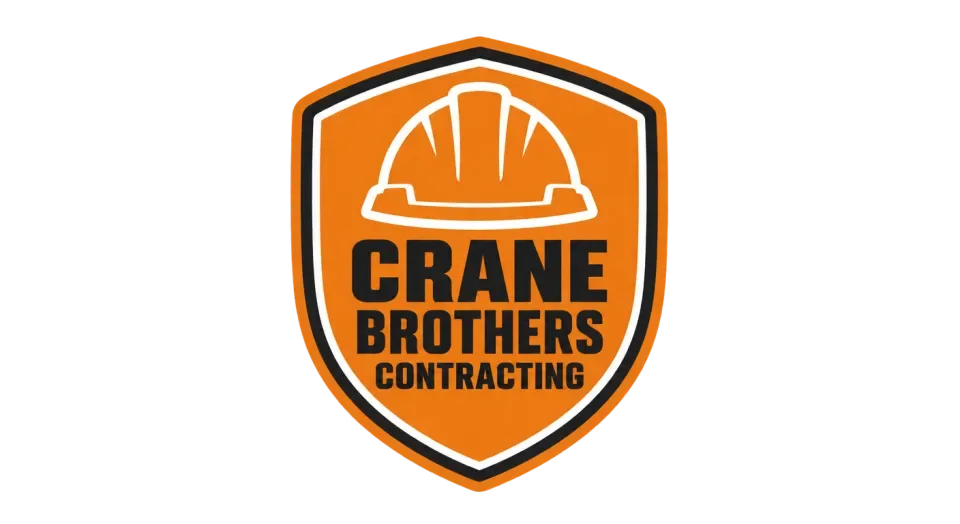 Crane Brothers Contracting emblem logo idea: A straightforward hard hat sits above the company name in a sturdy shield, making the contracting work clear at a glance.