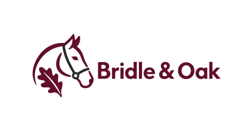 Bridle & Oak combination mark logo idea: A calm horse profile, simple bridle, and one oak leaf make the name’s two ideas visible in a compact mark.