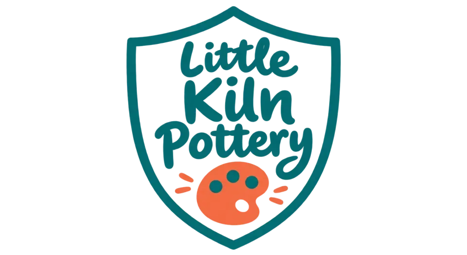 Little Kiln Pottery emblem logo idea: The open spacing gives the full studio name and its three-dot palette room to read clearly within a simple shield.