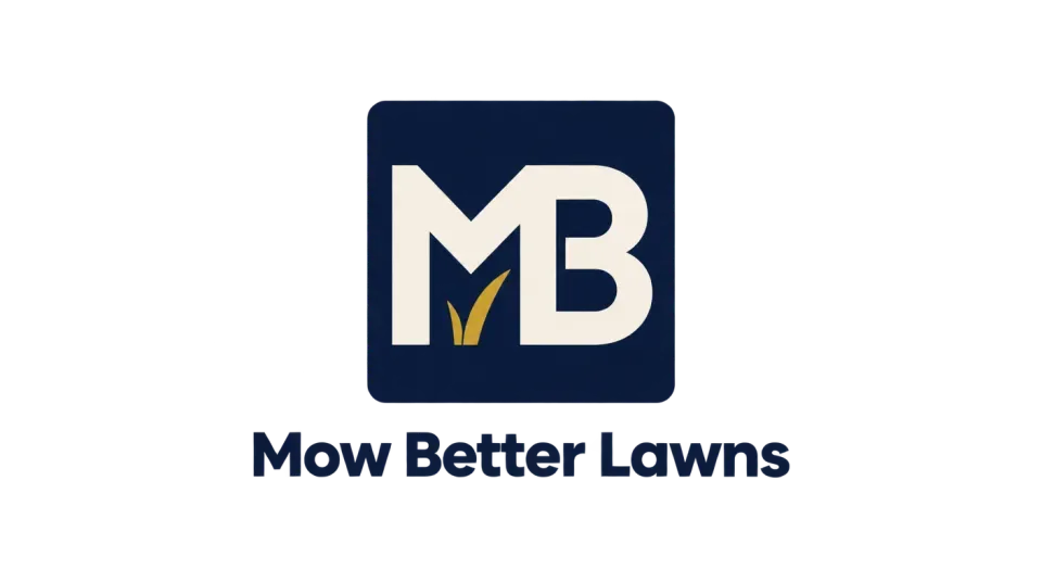 Mow Better Lawns lettermark logo idea: A simple square frames the MB initials as a practical app icon, while the full company name sits plainly below.