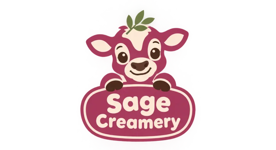 Sage Creamery mascot logo idea: A sprig-crowned calf gives the creamery a warm mascot, while the badge keeps the name and character together as one mark.