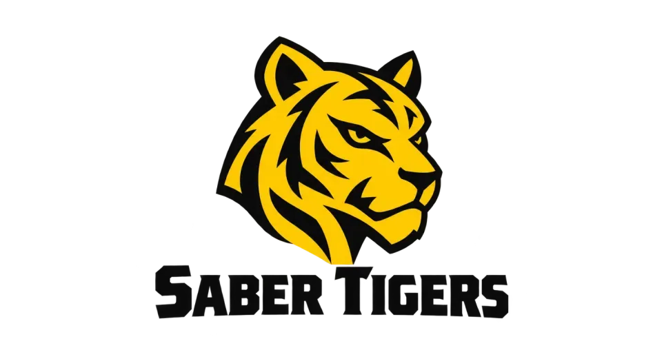 Saber Tigers mascot logo idea: The tiger’s slight turn gives the mascot a sense of alertness while keeping “Saber Tigers” clear and prominent below.