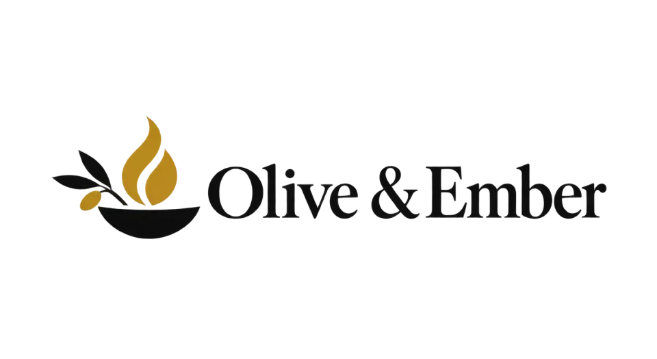 Olive & Ember combination mark logo idea: A simple bowl with an olive leaf and flame suggests a welcoming place to share a meal without crowding the name.