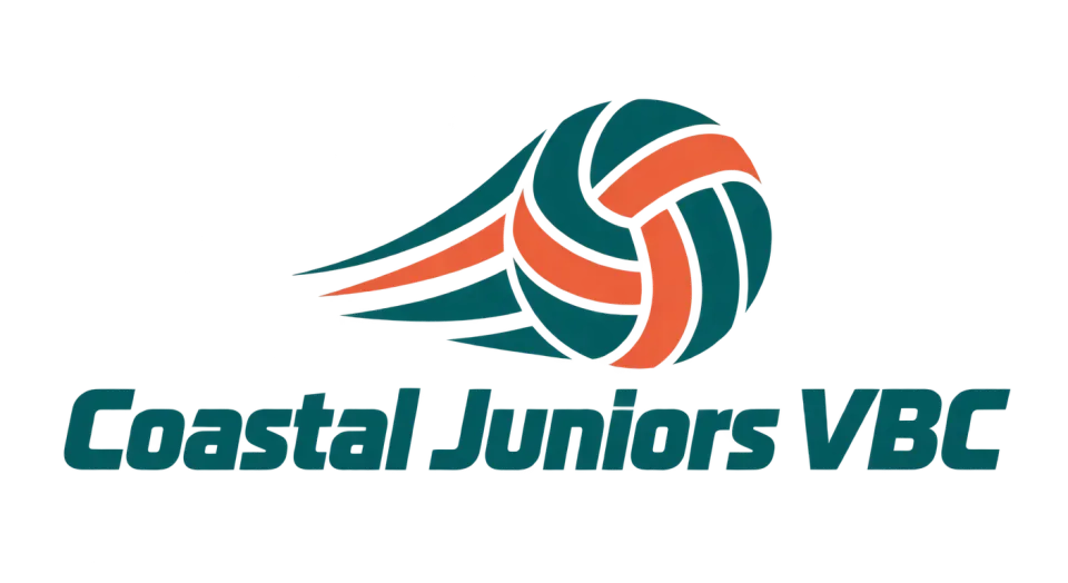 Coastal Juniors VBC combination mark logo idea: A forward-moving volleyball gives Coastal Juniors VBC an energetic sports look while keeping the name easy to read.