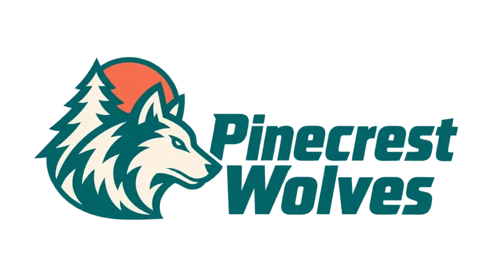 Pinecrest Wolves combination mark logo idea: A pine-backed wolf profile links Pinecrest and Wolves in one compact symbol beside the team name.