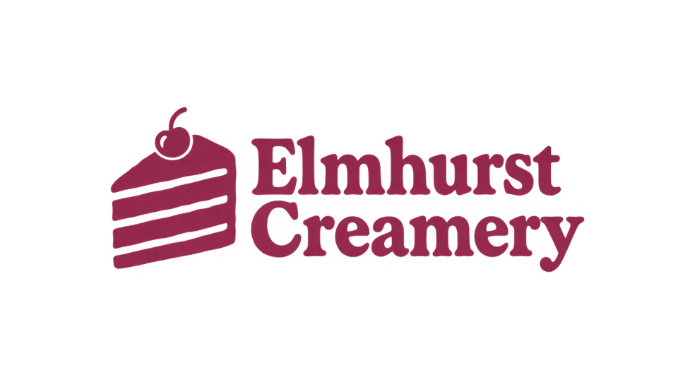 Elmhurst Creamery combination mark logo idea: A hand-drawn-looking layer cake sits beside Elmhurst Creamery, making the dessert shop’s craft feel clear and welcoming.