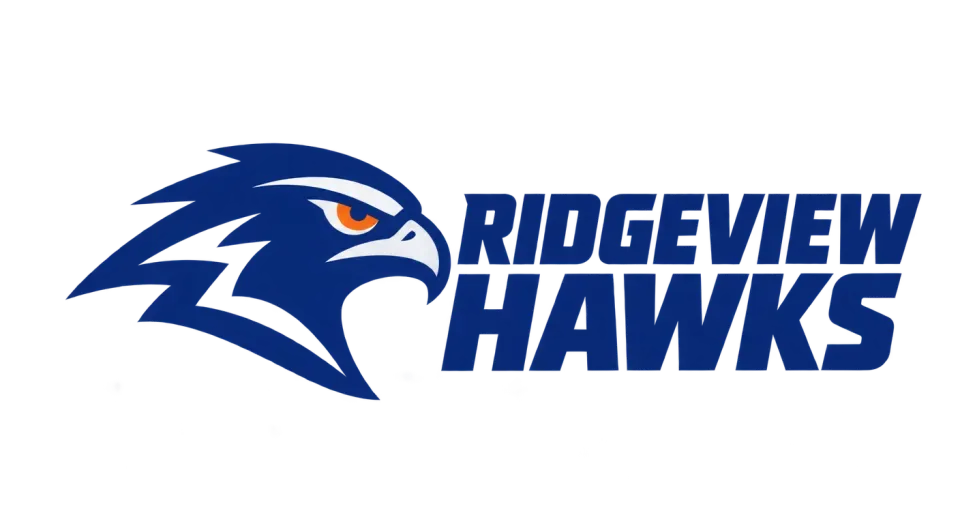 Ridgeview Hawks combination mark logo idea: A sharp, forward-facing hawk gives Ridgeview Hawks a fierce team symbol that reads clearly beside the name.