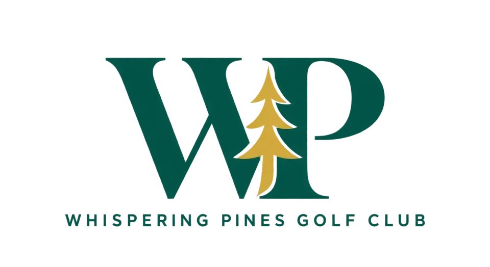 Whispering Pines Golf Club lettermark logo idea: A pine appears within the WP monogram, tying the club’s name to an app-ready mark.