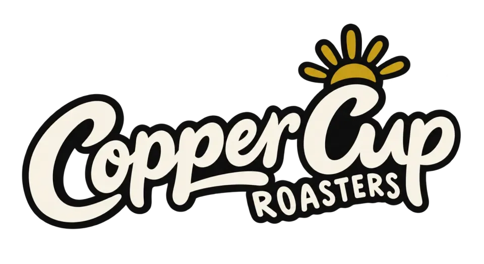 Copper Cup Roasters wordmark logo idea: A small sun above “Cup” gives “Copper Cup Roasters” a cheerful morning-coffee feel without taking attention from the name.