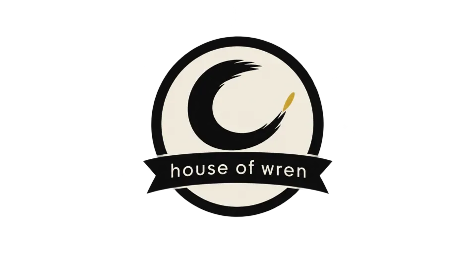 House of Wren emblem logo idea: A single brush-shaped crescent gives house of wren a distinctive studio mark without crowding the name or the circular badge.