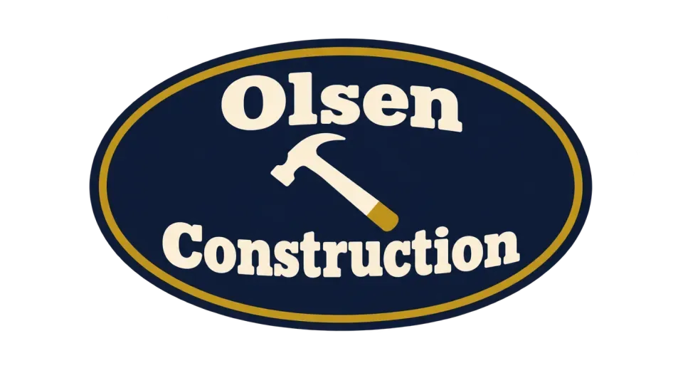 Olsen Construction emblem logo idea: A bold hammer and easygoing oval make Olsen Construction feel like a capable crew with a friendly, familiar sign.
