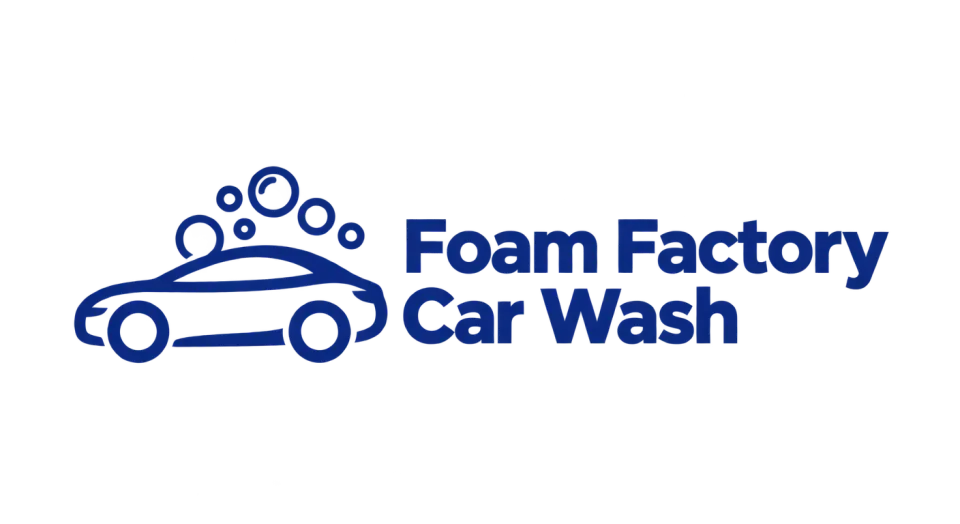 Foam Factory Car Wash combination mark logo idea: A simple car and floating bubbles make the wash service clear at a glance, while the sturdy lettering keeps the name professional.