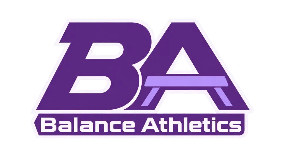 Balance Athletics lettermark logo idea: The beam-like A crossbar gives the BA a gymnastics connection without taking focus away from the academy’s initials.