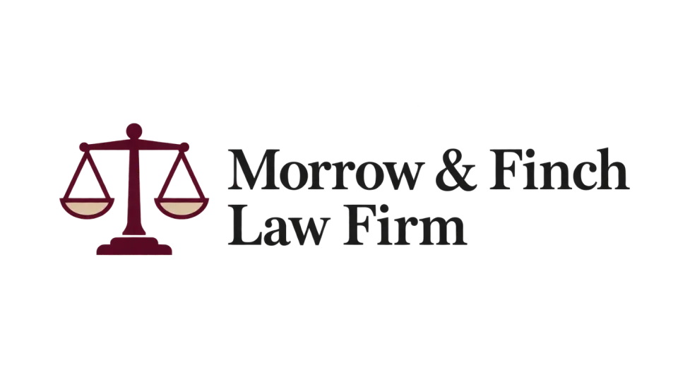 Morrow & Finch Law Firm combination mark logo idea: A simple, level set of scales beside the firm name gives the identity a familiar sense of balance and care.
