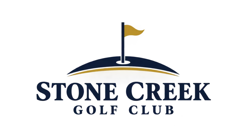 Stone Creek Golf Club combination mark logo idea: A calm, centered flag-and-green icon gives the full club name a traditional presence without adding extra detail.
