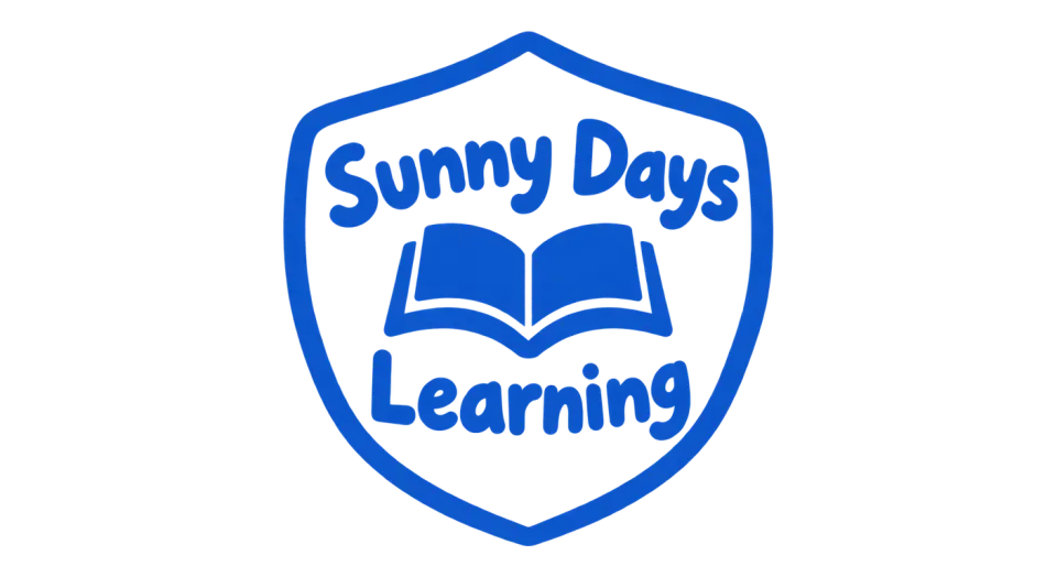 Sunny Days Learning emblem logo idea: An open book sits between the two lines of the name, connecting Sunny Days Learning’s welcoming feel with early learning.