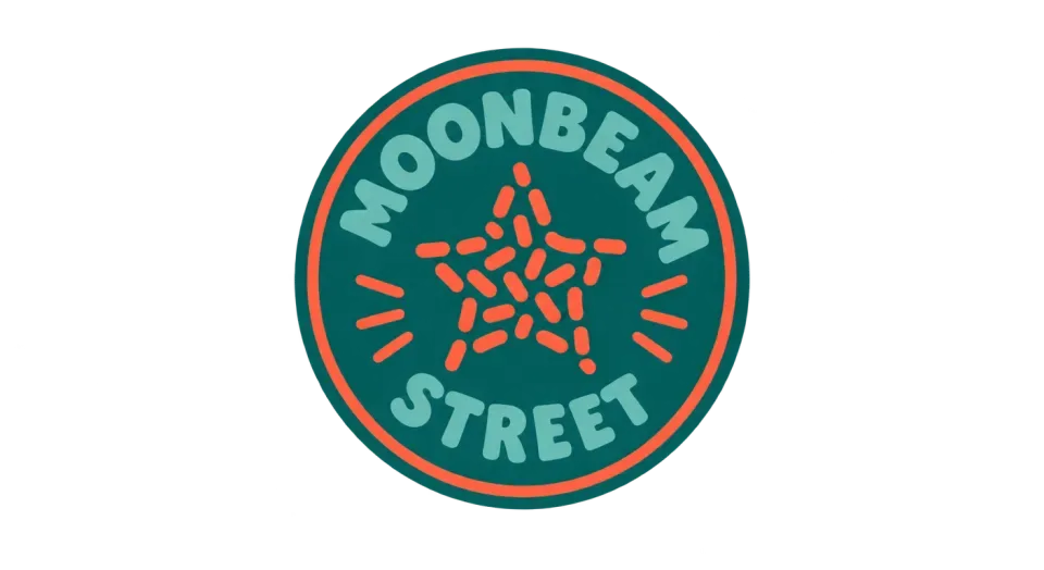 Moonbeam Street emblem logo idea: A sprinkle-shaped star sits at the heart of a cheerful round shop badge, bringing the name’s moonbeam feel together with an ice cream treat.