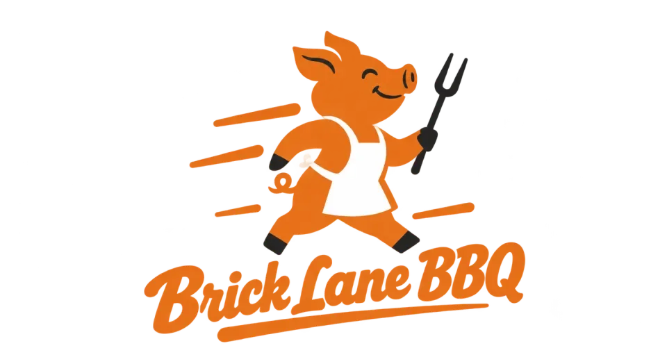 Brick Lane BBQ mascot logo idea: A simplified pig and a few offset color blocks make the character feel spirited while keeping Brick Lane BBQ easy to recognize on a sticker or favicon.