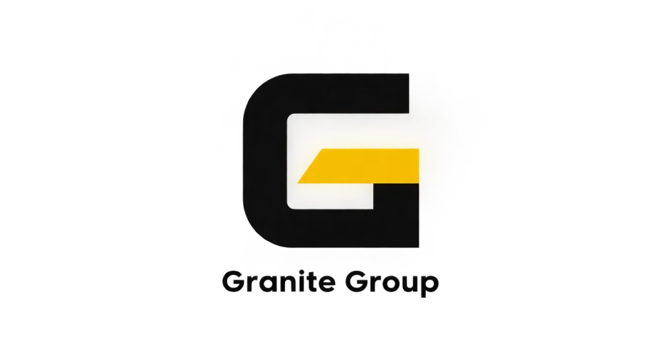 Granite Group lettermark logo idea: Broad, squared shapes make this G feel precise and grounded, with a bright yellow segment giving Granite Group a clear point of recognition.