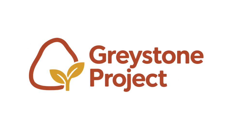 Greystone Project combination mark logo idea: A small sprout beside a steady stone shape connects the name Greystone Project with care and lasting community support.