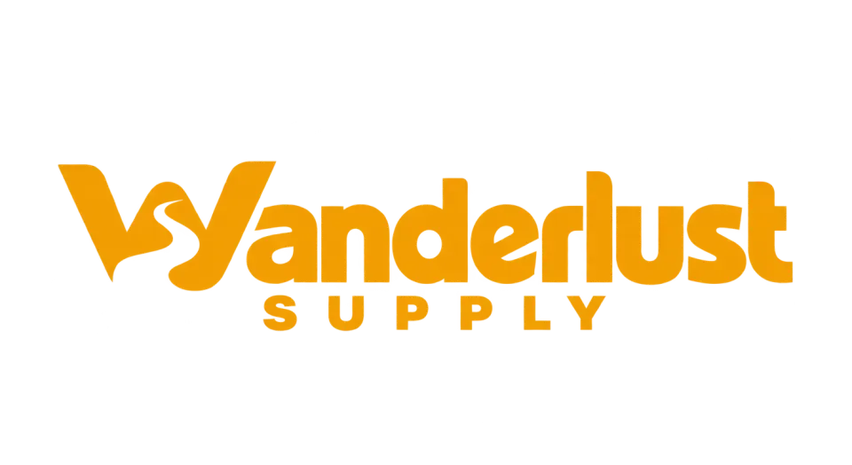 Wanderlust Supply wordmark logo idea: The route-like W gives the name a subtle sense of travel while keeping the whole mark focused on the brand’s own lettering.