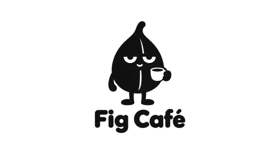 Fig Café mascot logo idea: A drowsy little fig-bean with a mug gives Fig Café a simple, welcoming character that feels right at home beneath its name.