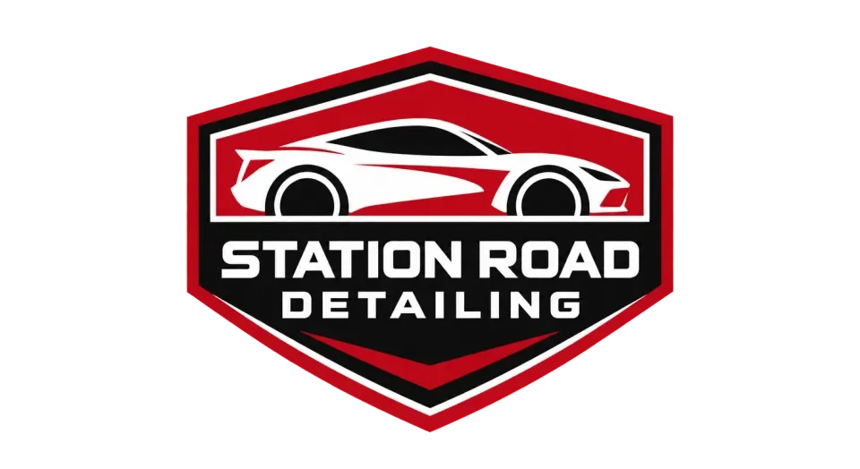 Station Road Detailing emblem logo idea: A clean car silhouette and sturdy crest make Station Road Detailing feel ready for careful, dependable work.