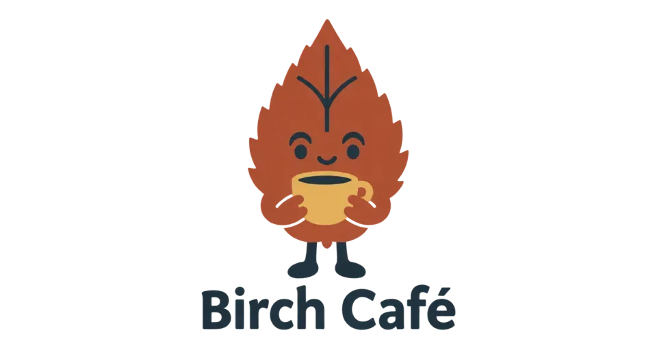 Birch Café mascot logo idea: A simple birch-leaf character holding a cup ties the mascot directly to the café’s name.