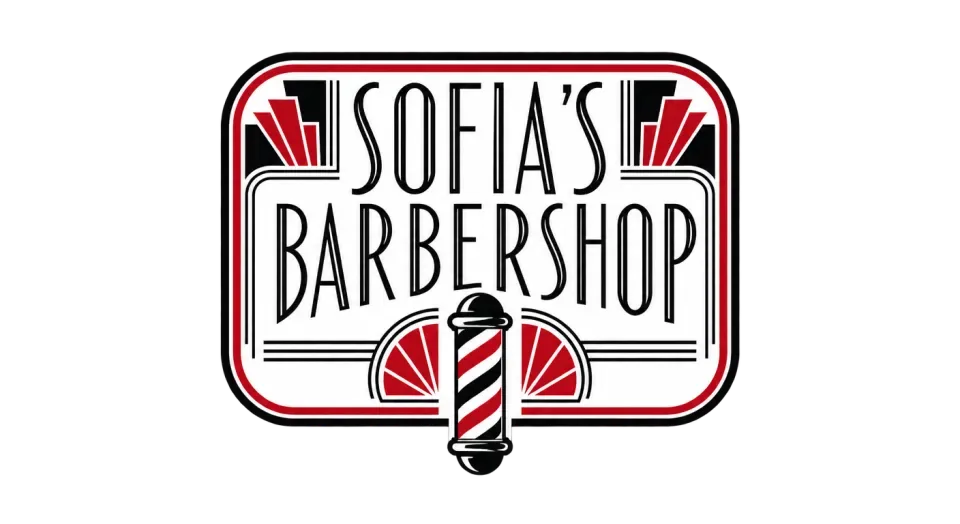 Sofia's Barbershop emblem logo idea: Sofia's Barbershop sits clearly above a centered barber pole, while mirrored fan details give the patch a welcoming 1920s character.