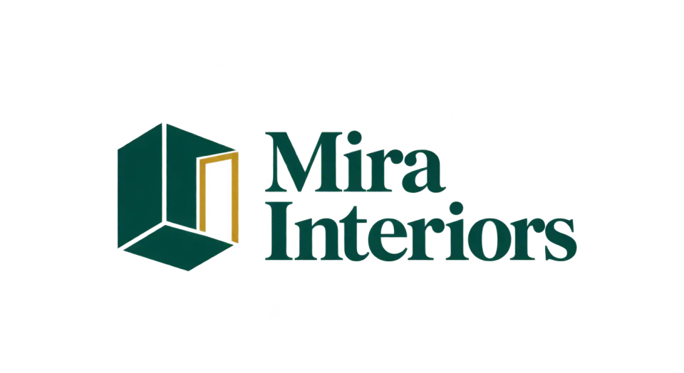 Mira Interiors combination mark logo idea: A pared-back room corner suggests thoughtful space planning while keeping the studio name easy to read.