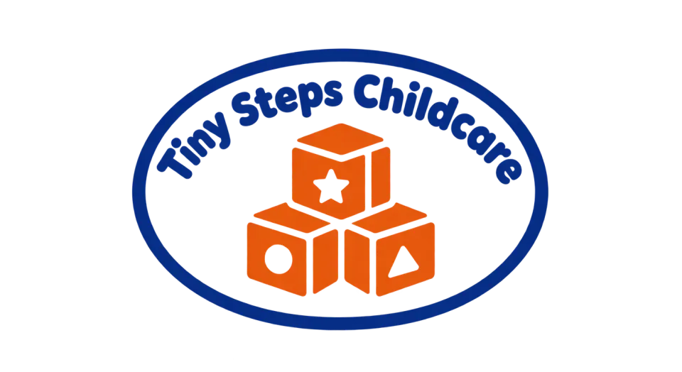 Tiny Steps Childcare emblem logo idea: The name curves over a small stack of blocks inside an oval seal, bringing a softer, old-fashioned feel to the badge.