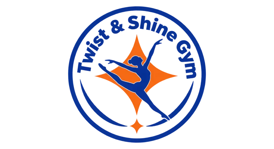 Twist & Shine Gym emblem logo idea: The circular crest frames the full academy name around a bright spark, giving the badge a graceful, energetic feel.