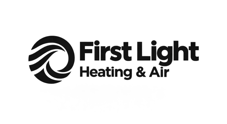 First Light Heating & Air combination mark logo idea: Curving air lines gathered into a ring give First Light Heating & Air a simple, recognizable symbol for the air it moves.