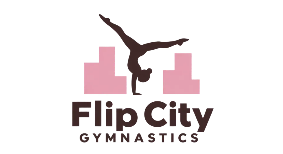Flip City Gymnastics combination mark logo idea: A gymnast turning between simple city blocks connects the name’s “City” to the movement at the heart of the academy.