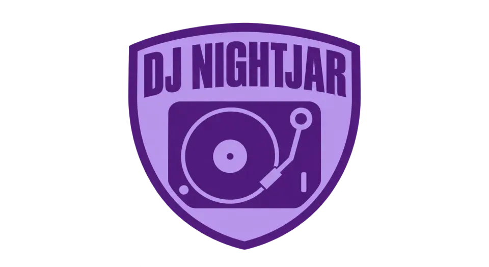 DJ Nightjar emblem logo idea: The shield frames DJ Nightjar like a confident event headline, with a simple turntable making the music connection immediate.