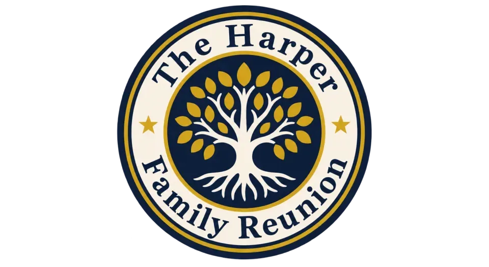 The Harper Family Reunion combination mark logo idea: A simple tree inside a classic round seal makes the reunion name feel rooted in family tradition.