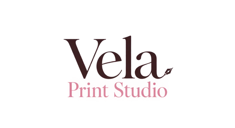 Vela Print Studio wordmark logo idea: The stacked name feels like a small studio signature, with the blush second line adding a gentle artistic note.