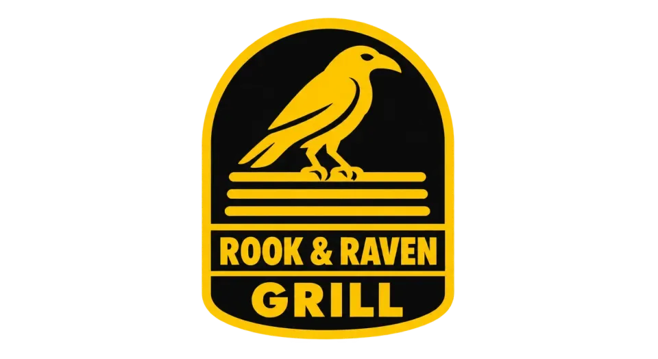 Rook & Raven Grill emblem logo idea: A perched raven above simple grill bars makes this compact badge feel rooted in both the name and the food truck’s grill focus.