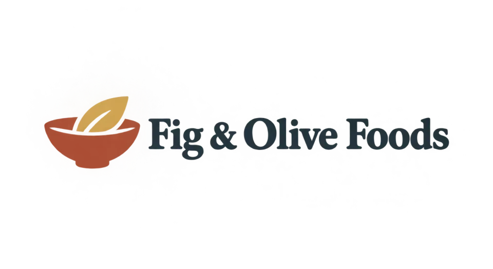 Fig & Olive Foods combination mark logo idea: A bowl holding a simple leaf-like form suggests thoughtfully made food without crowding the name.