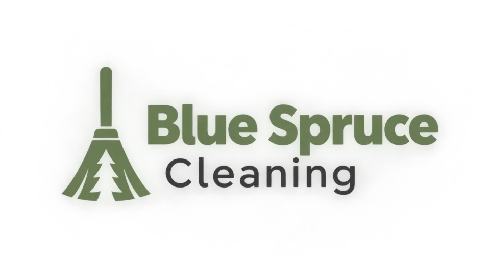 Blue Spruce Cleaning combination mark logo idea: A tidy geometric broom with a spruce-shaped sweep makes the cleaning service clear while giving the name a simple, memorable cue.