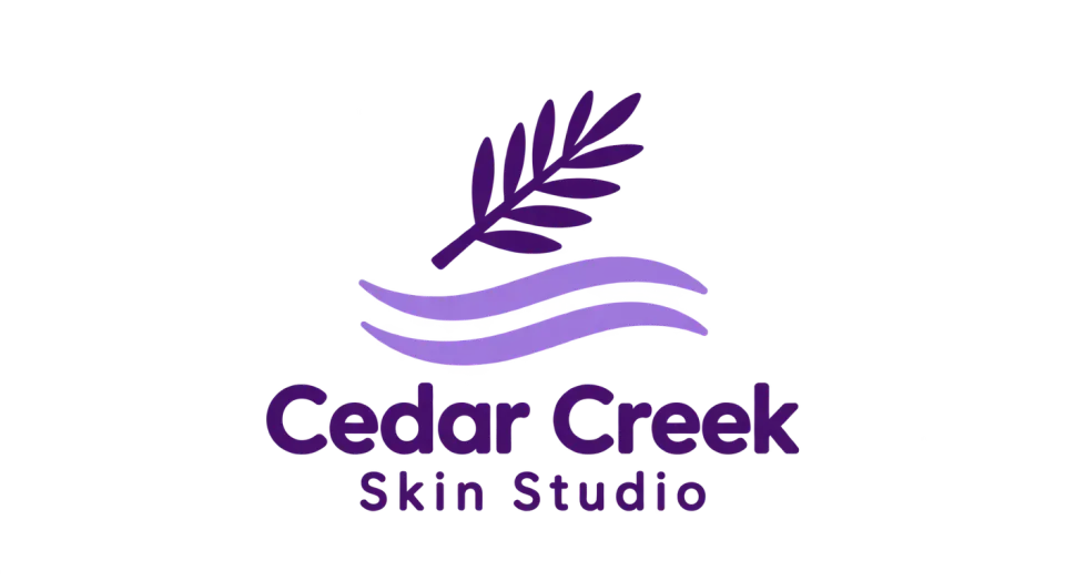 Cedar Creek Skin Studio combination mark logo idea: A pared-back cedar sprig over flowing creek curves echoes the name while keeping the mark simple and approachable.