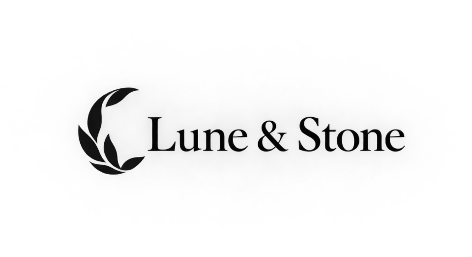 Lune & Stone combination mark logo idea: A leaf-shaped crescent gives Lune & Stone a quiet lunar cue without losing its botanical feel.
